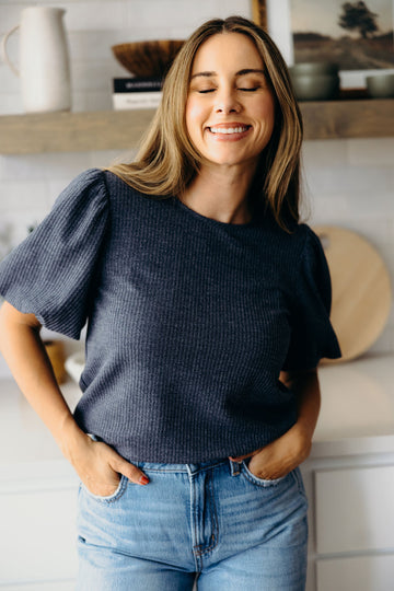 TEXTURED PUFF SLEEVE BLOUSE IN SLATE BLUE