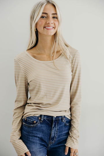 LONG SLEEVE RIBBED TEE IN BEIGE STRIPE