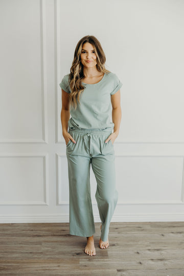 WIDE LEG LOUNGE PANTS IN MILKY GREEN FINAL SALE