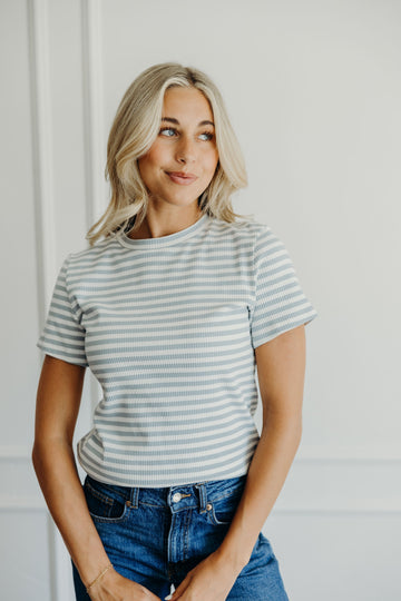 STRIPED RIBBED TEE IN BLUEBELL