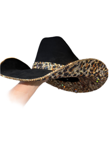 Black Suede Cowgirl Hat with Brown Leopard Rhinestones