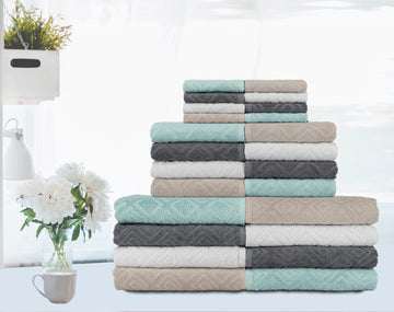100% Turkish Cotton 6 Pieces Towel Set - Larue Jacquard Diamond Towel Collection Set of 6 - Includes 2 Bath Towels, 2 Hand Towels & 2 Washcloths