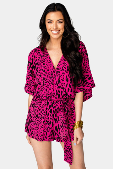 Maya Surplice Neckline Romper - Fuchsia Cat