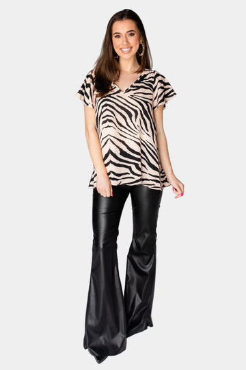Avril Flutter Sleeve V-Neck Top - Zebra Striped