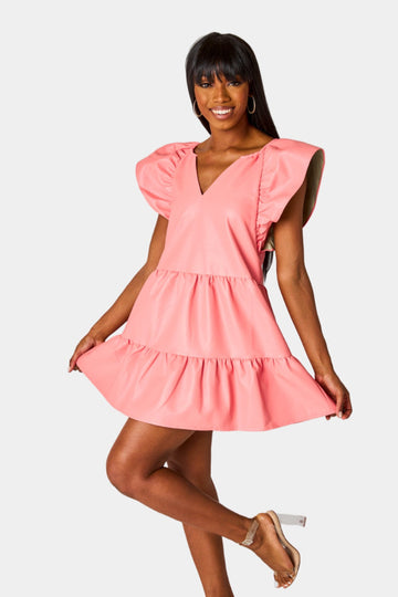 Ronnie Ruffle Sleeve Short Dress - Coral