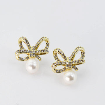 Crystal Ribbon Pearl Gold Earrings