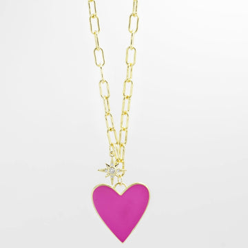 Enamel Heart/Star Necklace Hot Pink