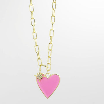 Enamel Heart/Star Necklace Light Pink