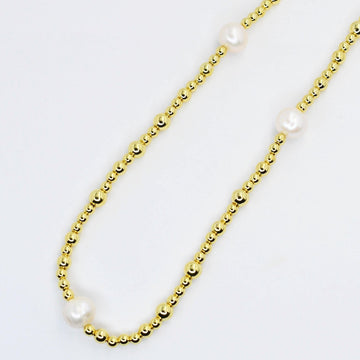 Gold Beaded Necklace With 3 Pearls