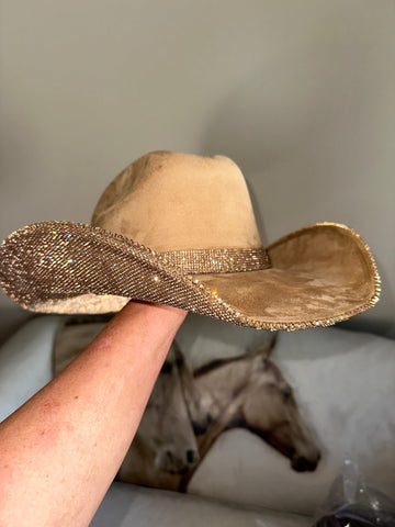 Camel Suede Cowgirl Hat with Lt Topaz Rhinestones
