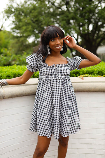 Jac Puff Sleeve Short Dress - Black Plaid