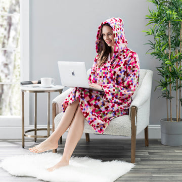 100% Turkish Cotton Hooded Robe - Olivia Square Printed Velour, Soft, Absorbent & Comfy