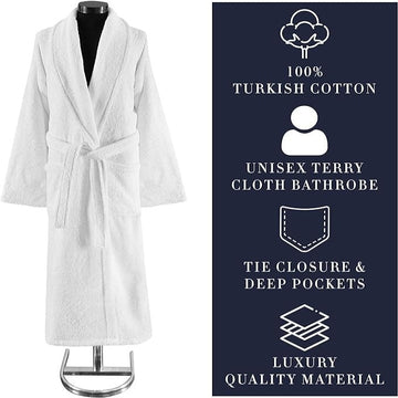 White Terry Cloth Turkish Cotton Shawl Collar Hotel Bathrobe - Unisex Italian Style Fitting - Single Robe