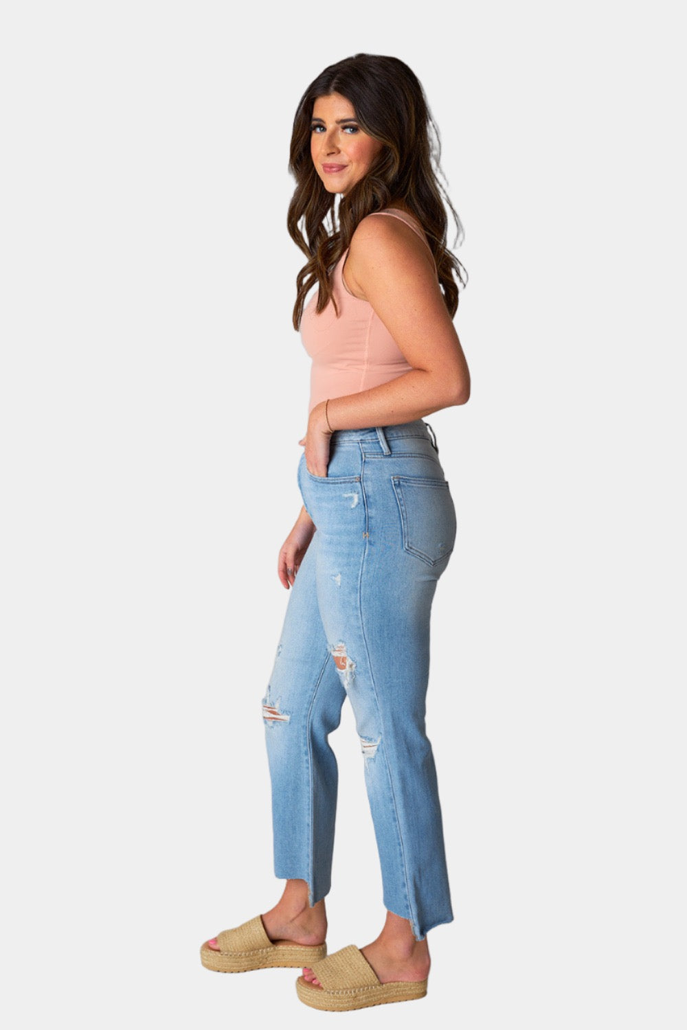 Happi High Rise Distressed Jean - Light Blue