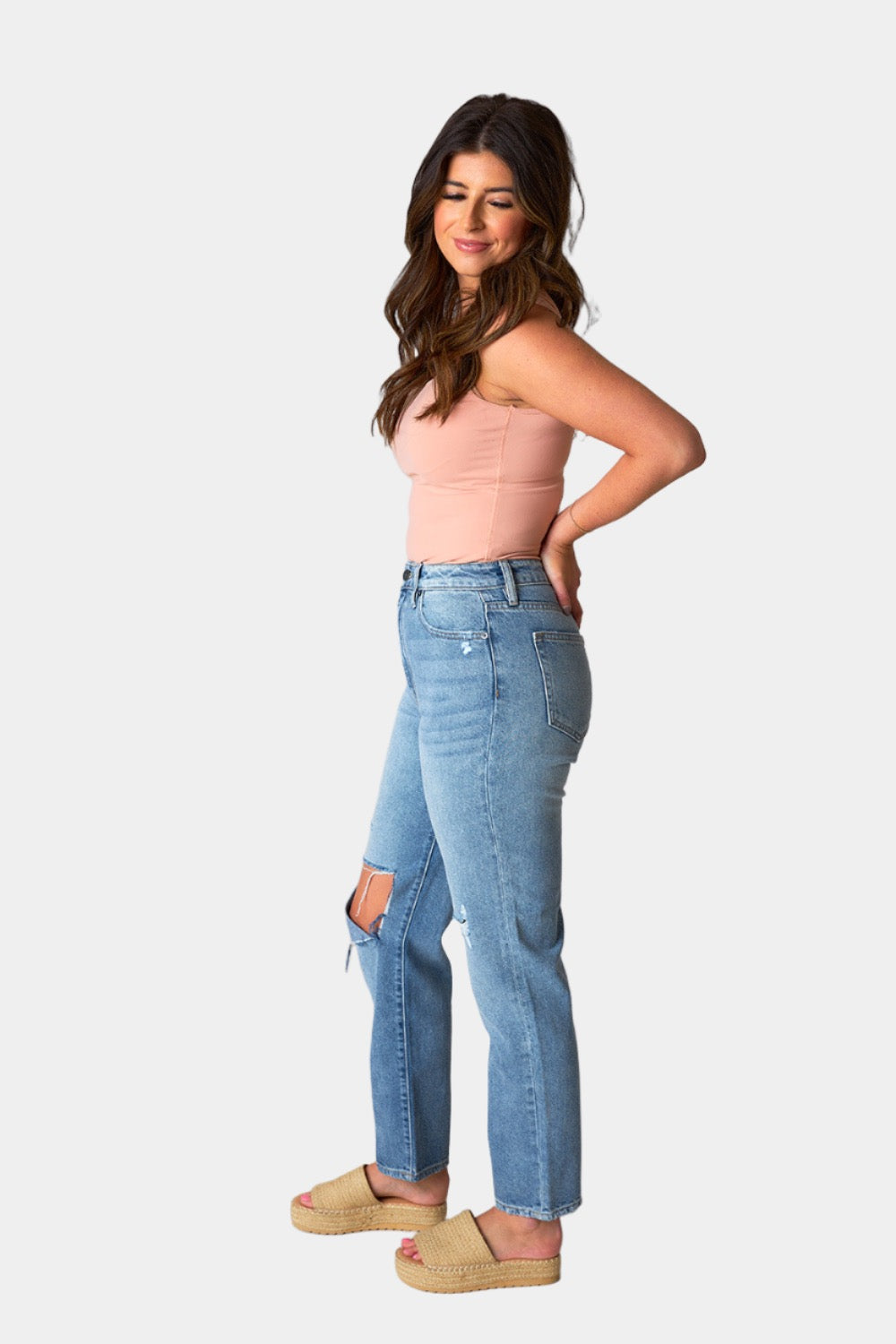 Tracey Distressed Straight Jean - Medium Wash