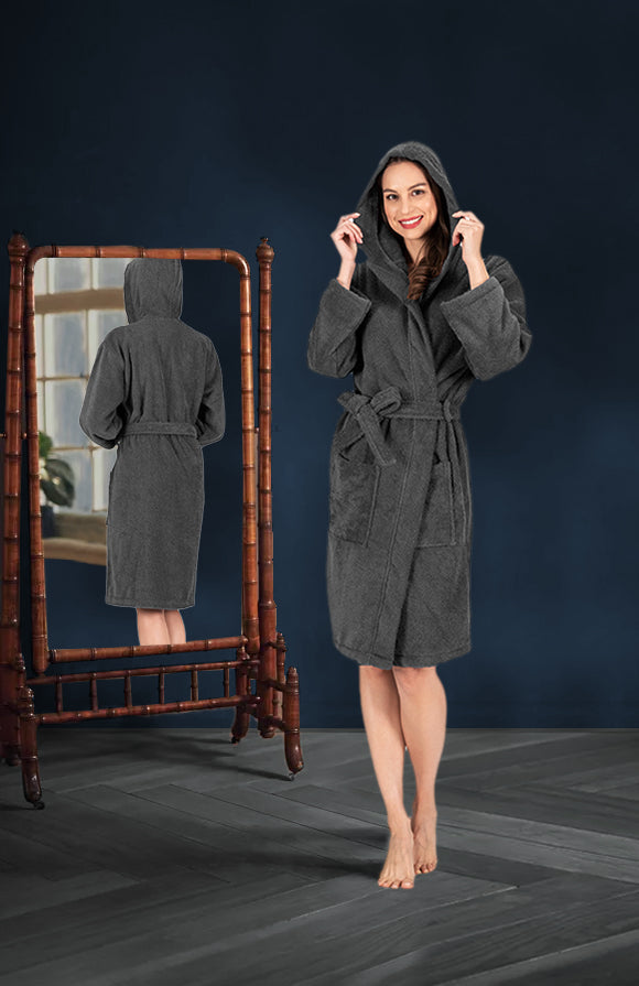 CTT Unisex Bathrobe, 100% Turkish Cotton Hooded Terry Robe, High Absorbent & Quick Dry