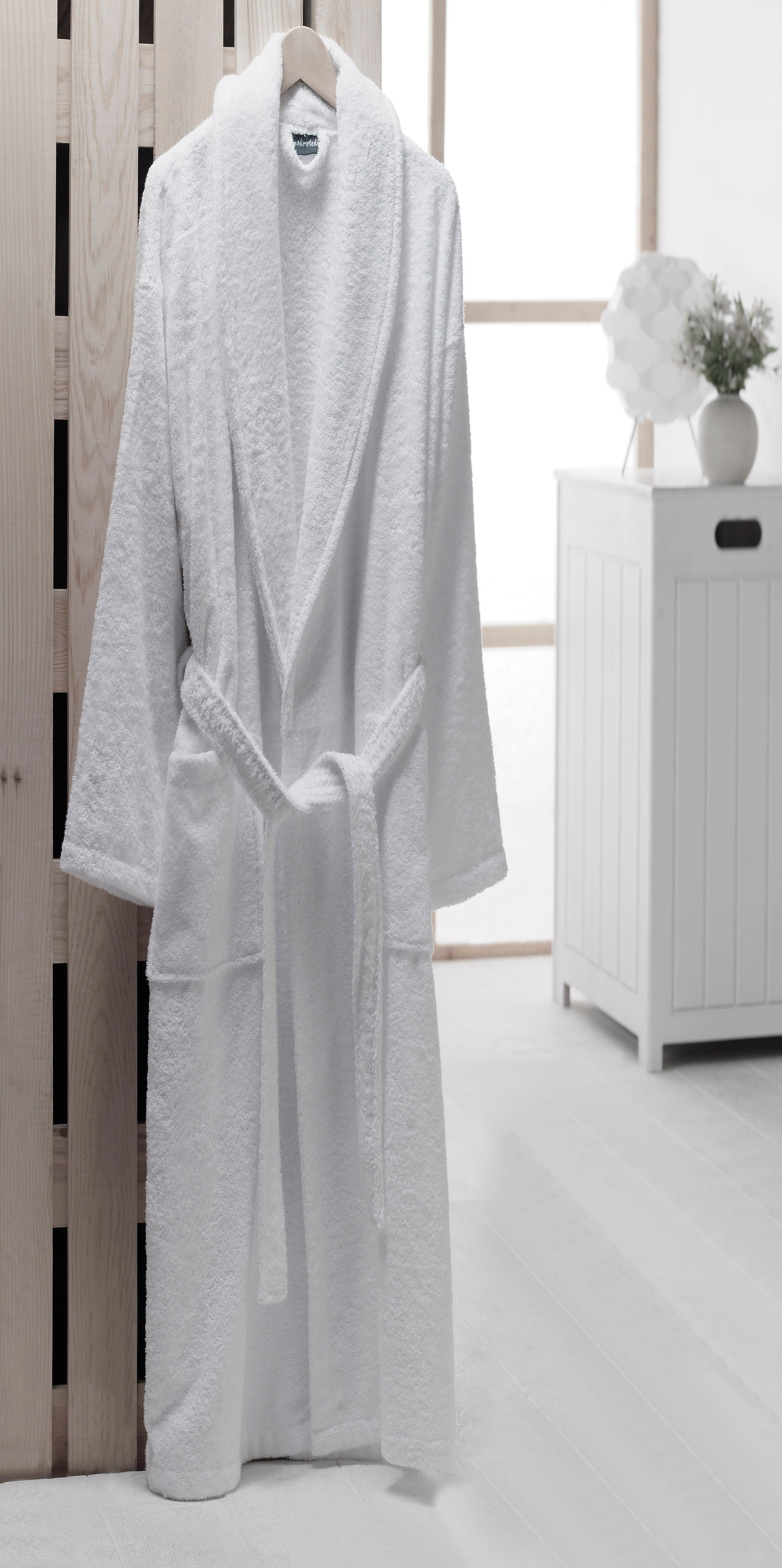 White Terry Cloth Turkish Cotton Shawl Collar Hotel Bathrobe - Unisex Italian Style Fitting - Single Robe