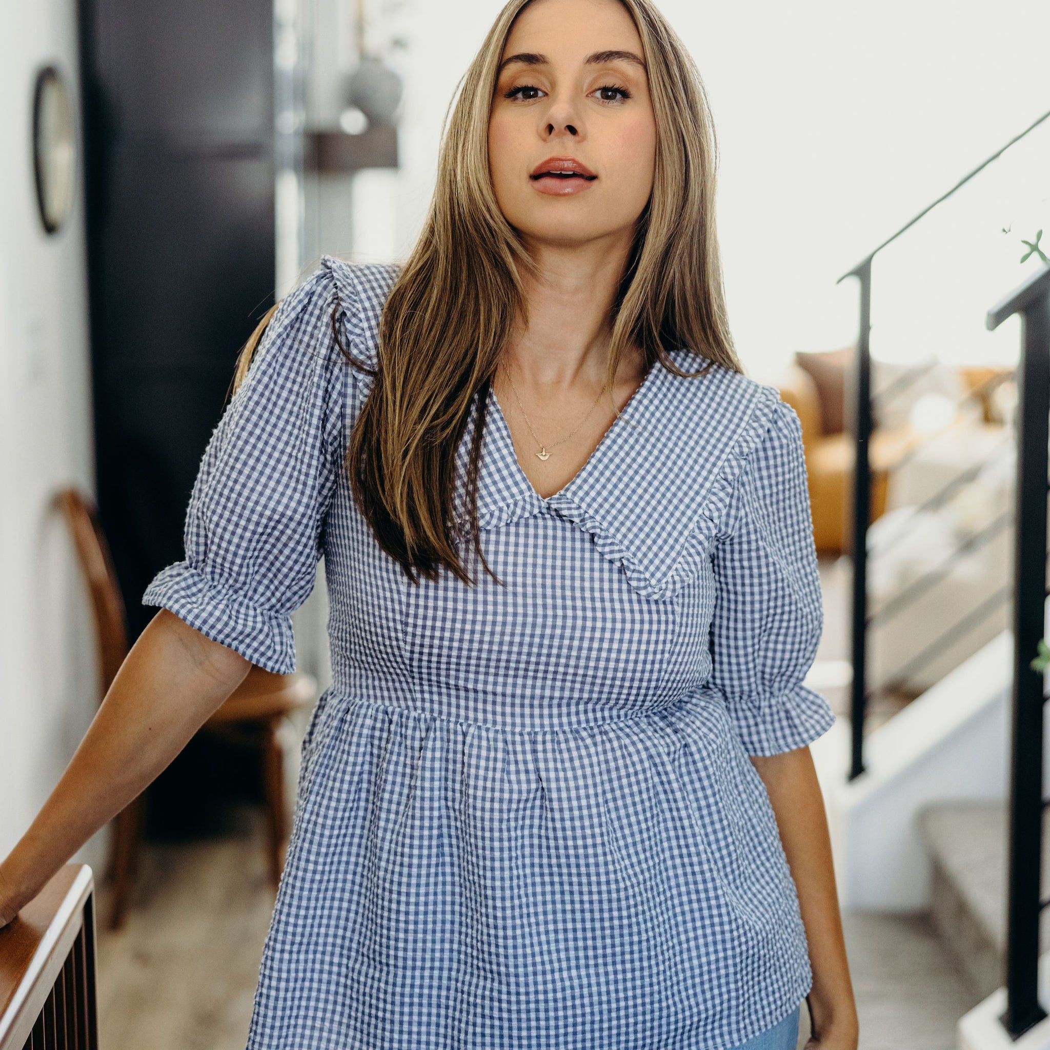 PETER PAN COLLARED BLOUSE IN LIGHT BLUE GINGHAM