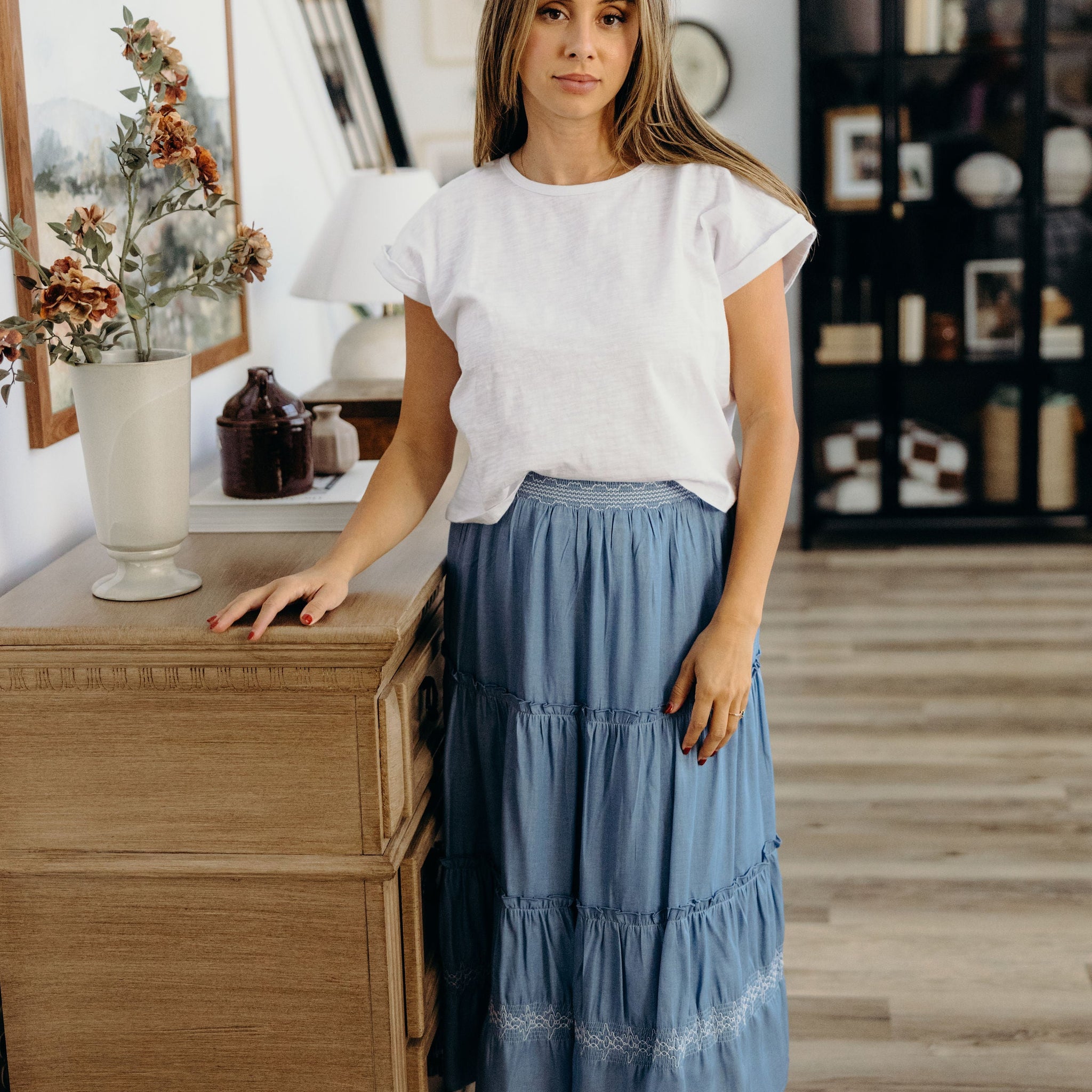 EMBROIDERED TRIM MAXI SKIRT IN CHAMBRAY