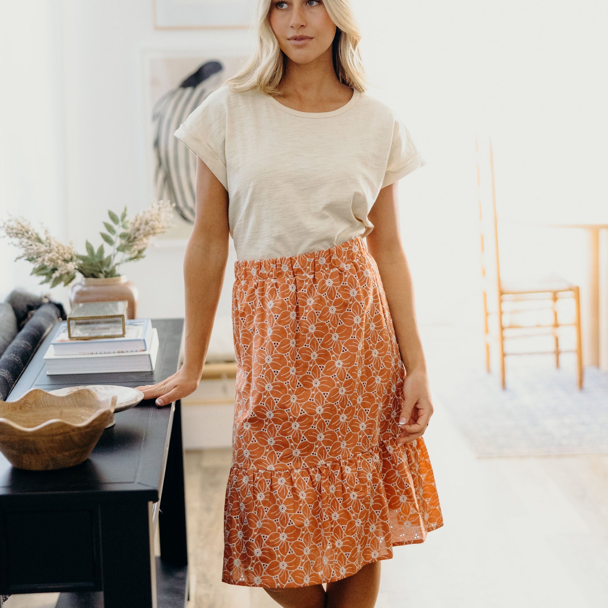 EMBROIDERED ORGANZA SKIRT IN BURNT ORANGE