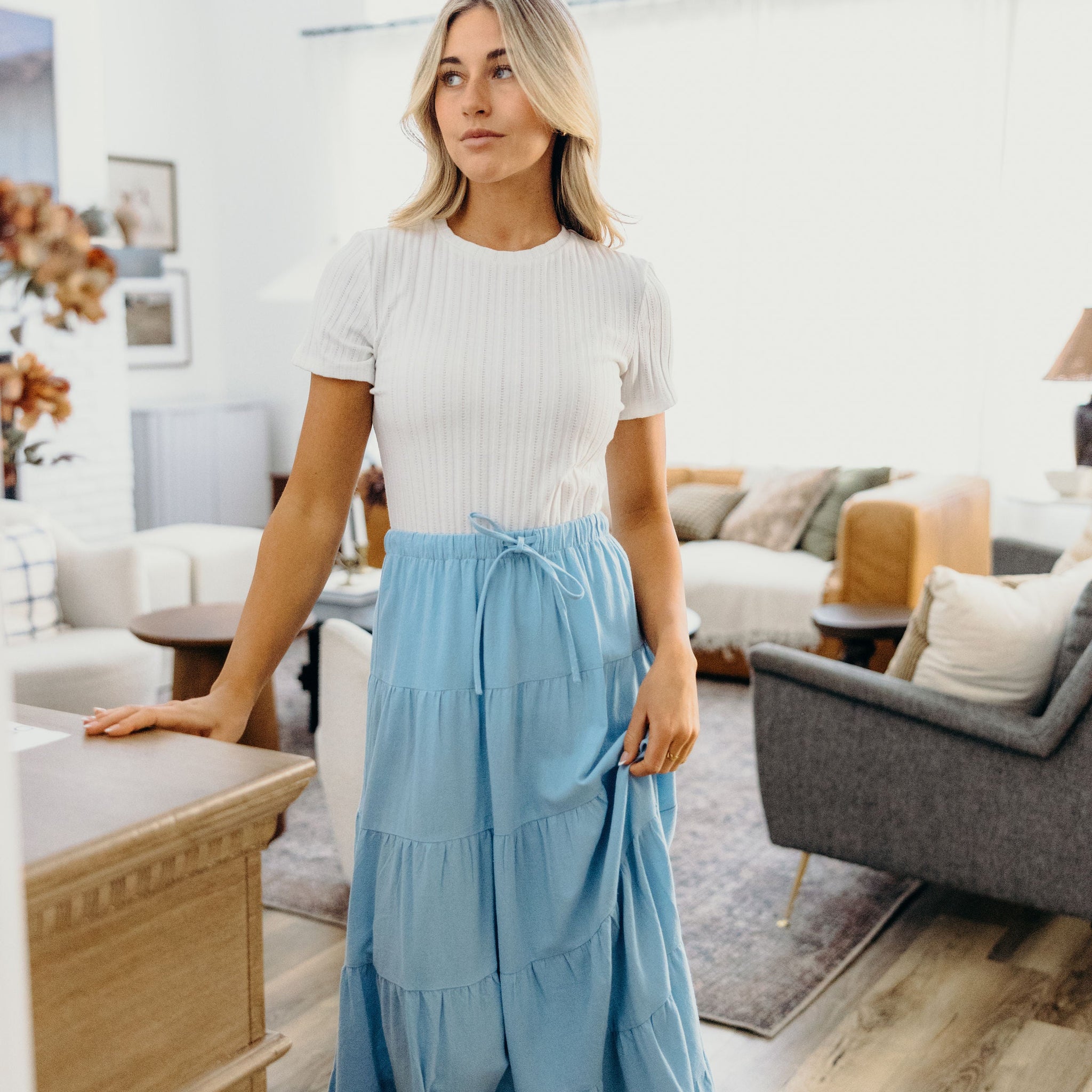 DRAWSTRING BOHO SKIRT IN BABY BLUE