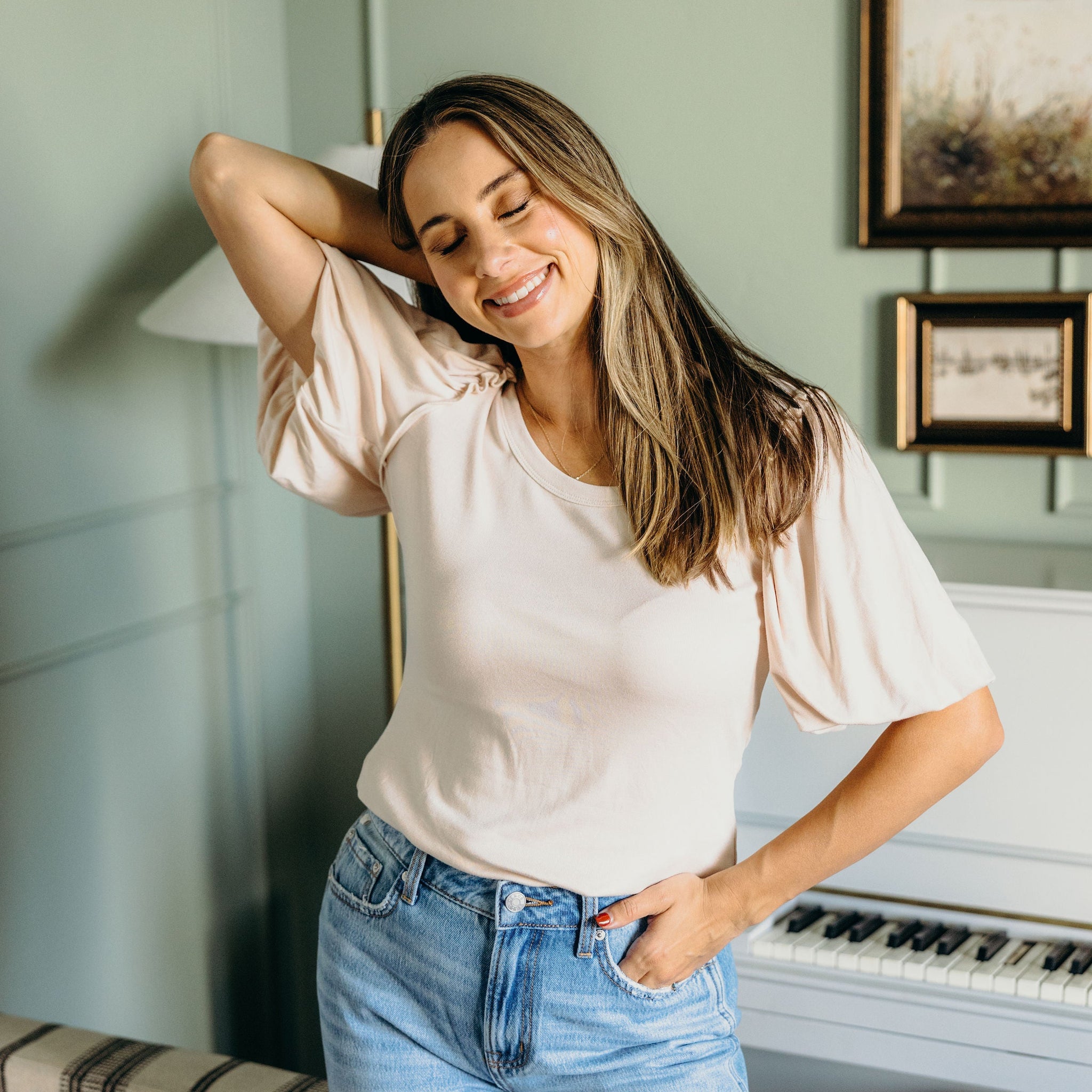 BUBBLE SLEEVE BLOUSE IN PEARL