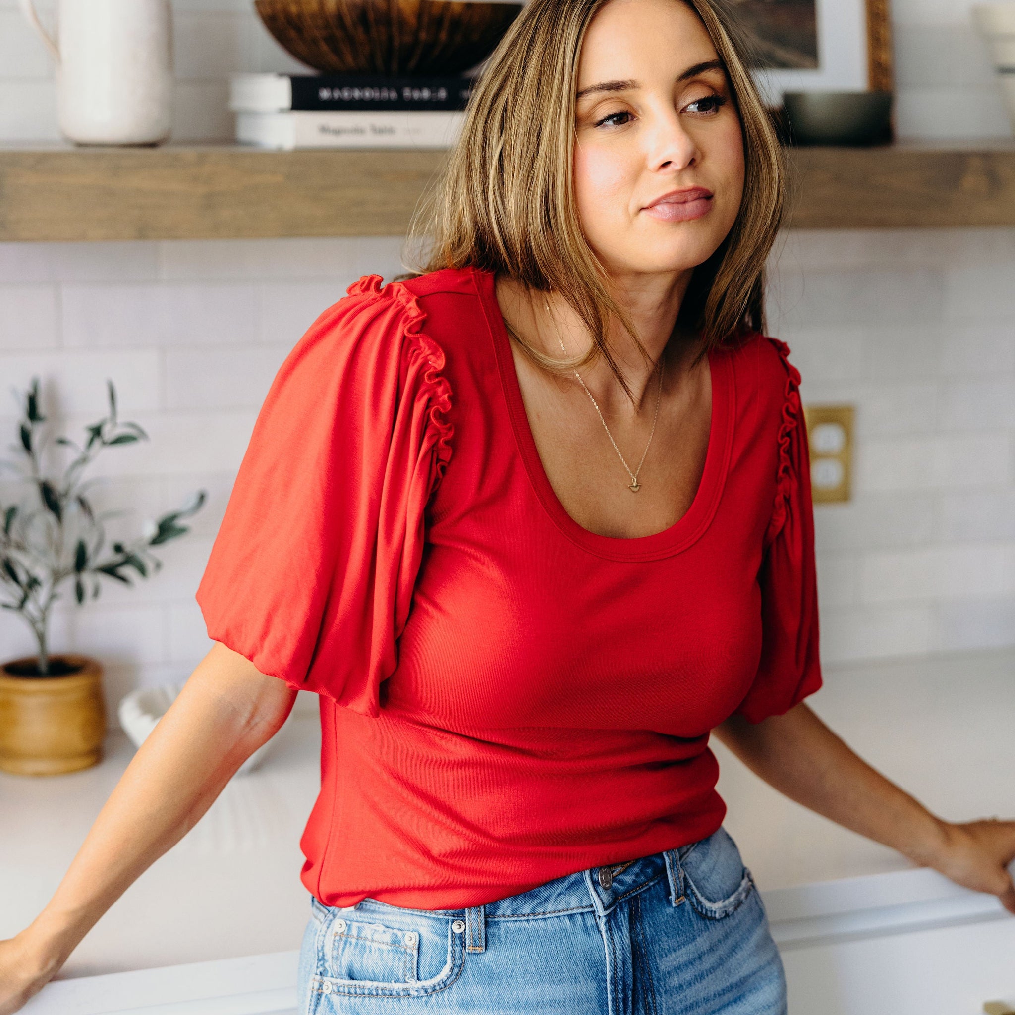 BUBBLE SLEEVE BLOUSE IN CARDINAL