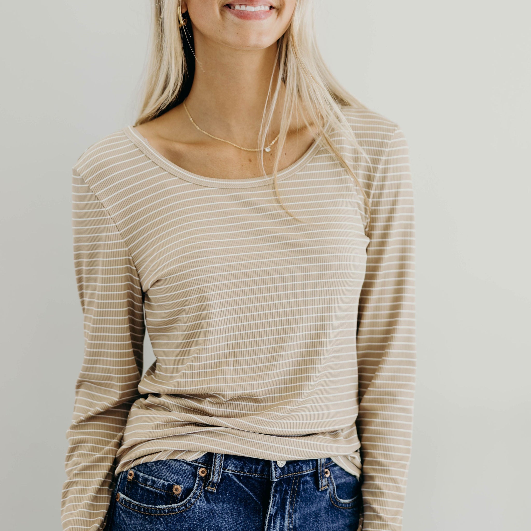 LONG SLEEVE RIBBED TEE IN BEIGE STRIPE