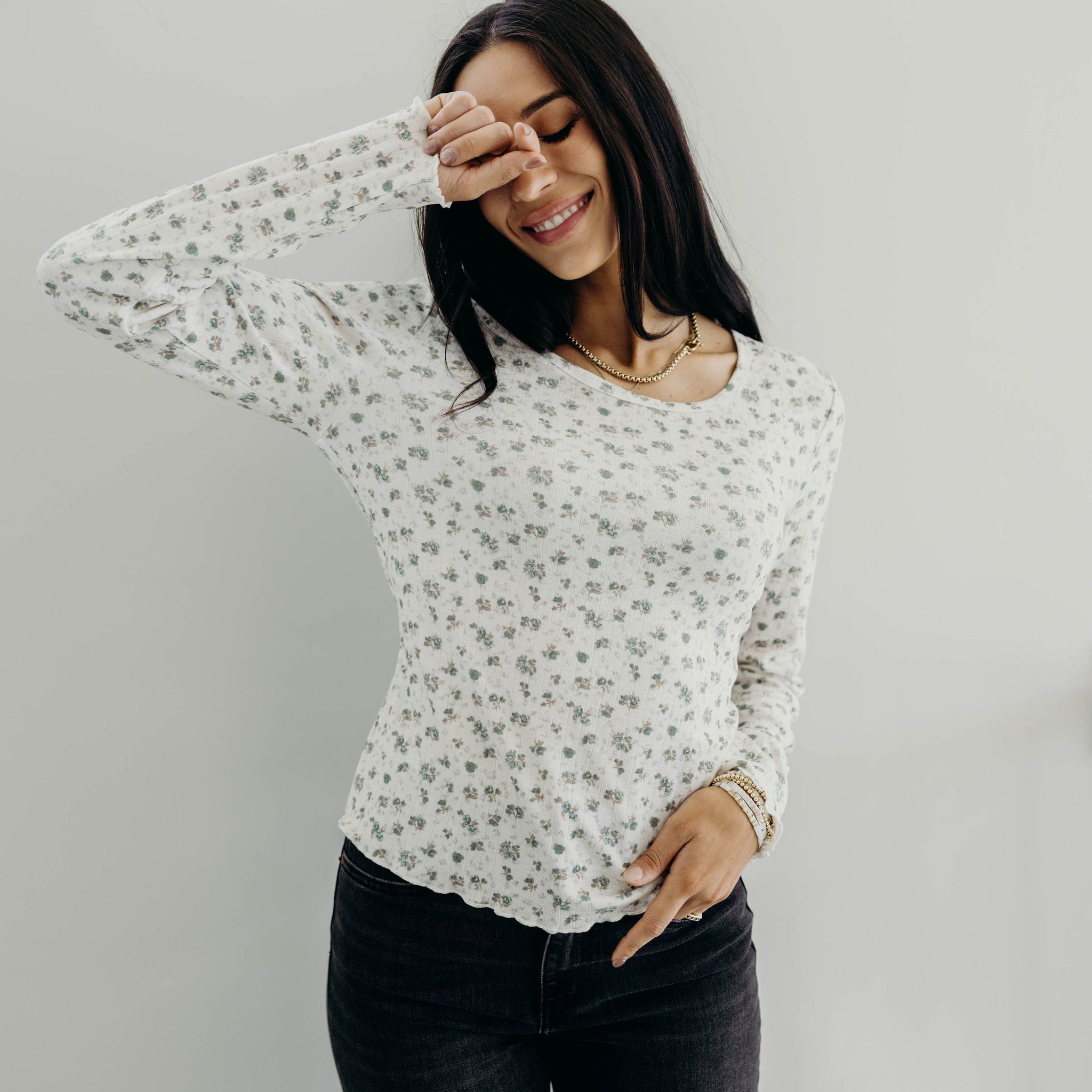 LONG SLEEVE RIBBED TEE IN DEWDROP SLATE