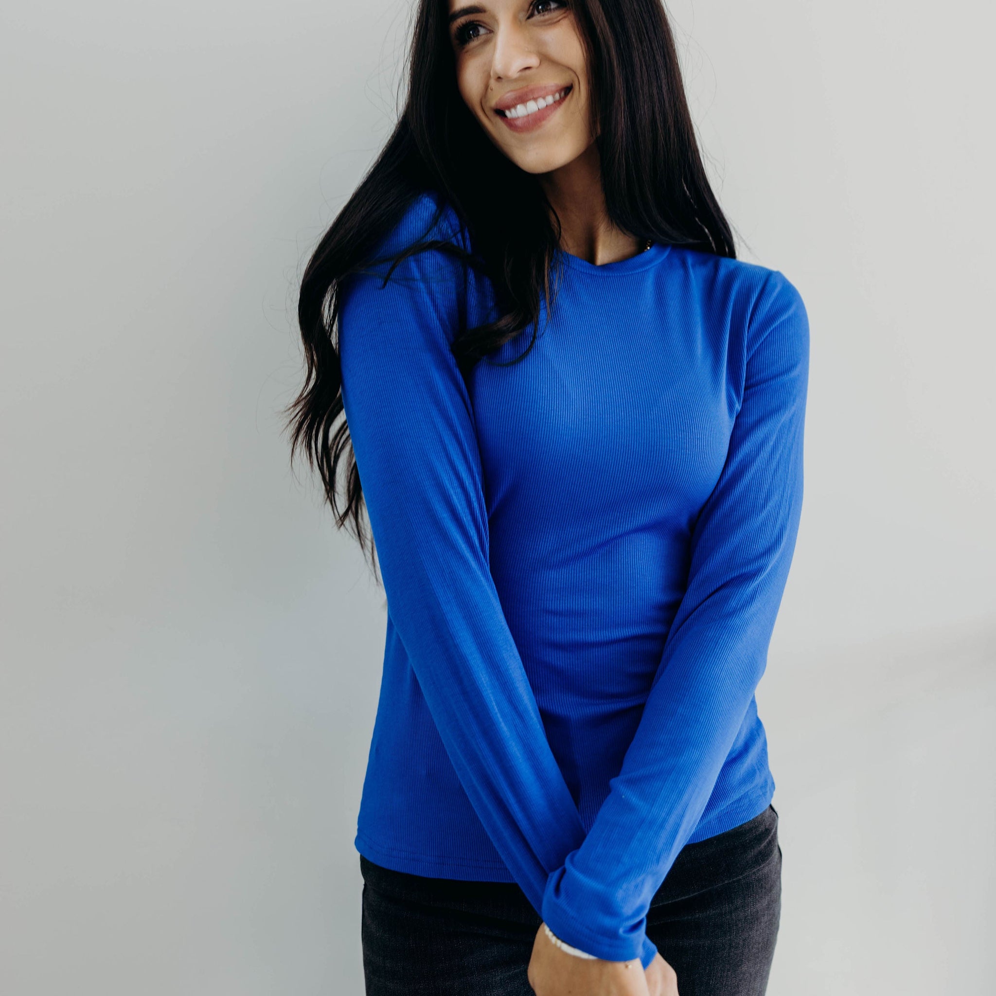 HIGH NECK LONG SLEEVE TEE IN COBALT