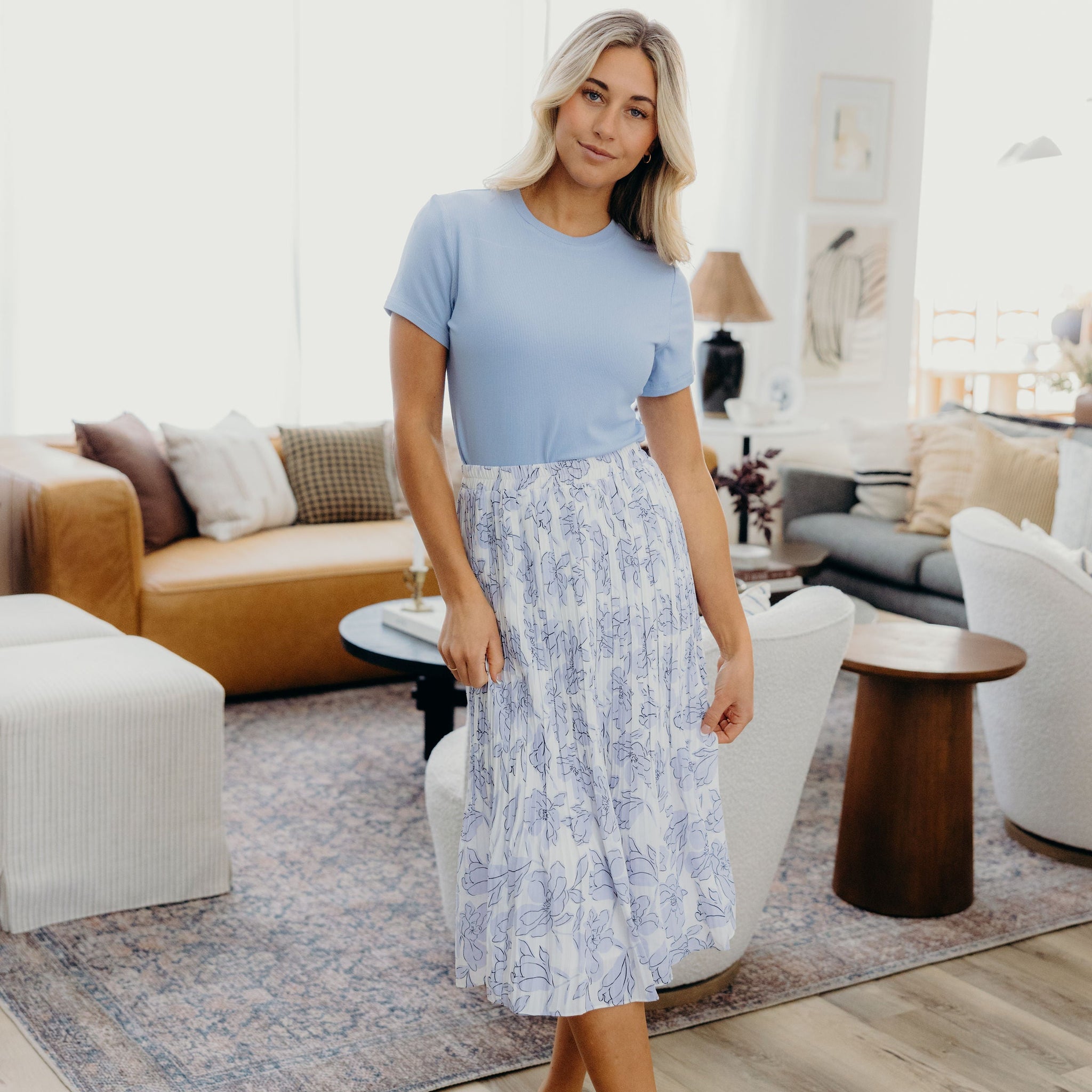 PLEATED MIDI SKIRT IN PERIWINKLE STENCIL FINAL SALE