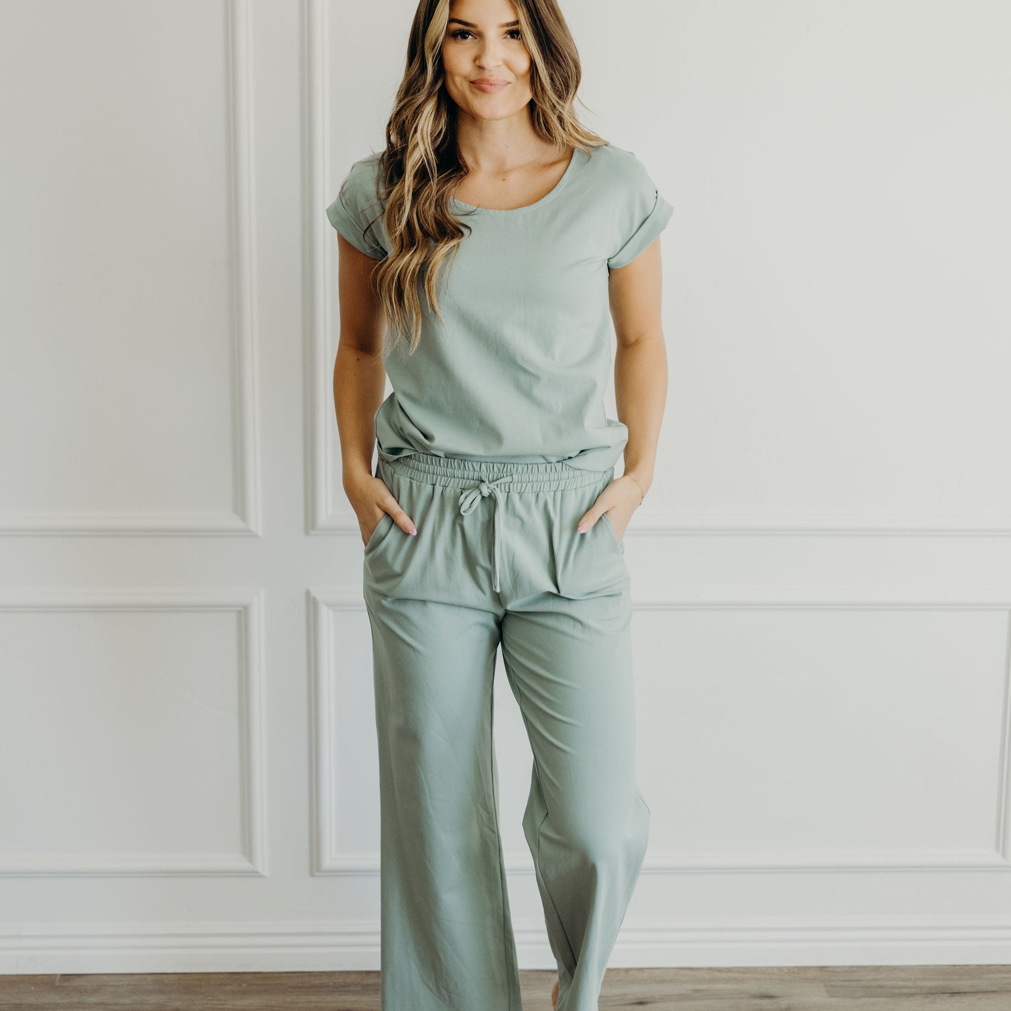 WIDE LEG LOUNGE PANTS IN MILKY GREEN FINAL SALE