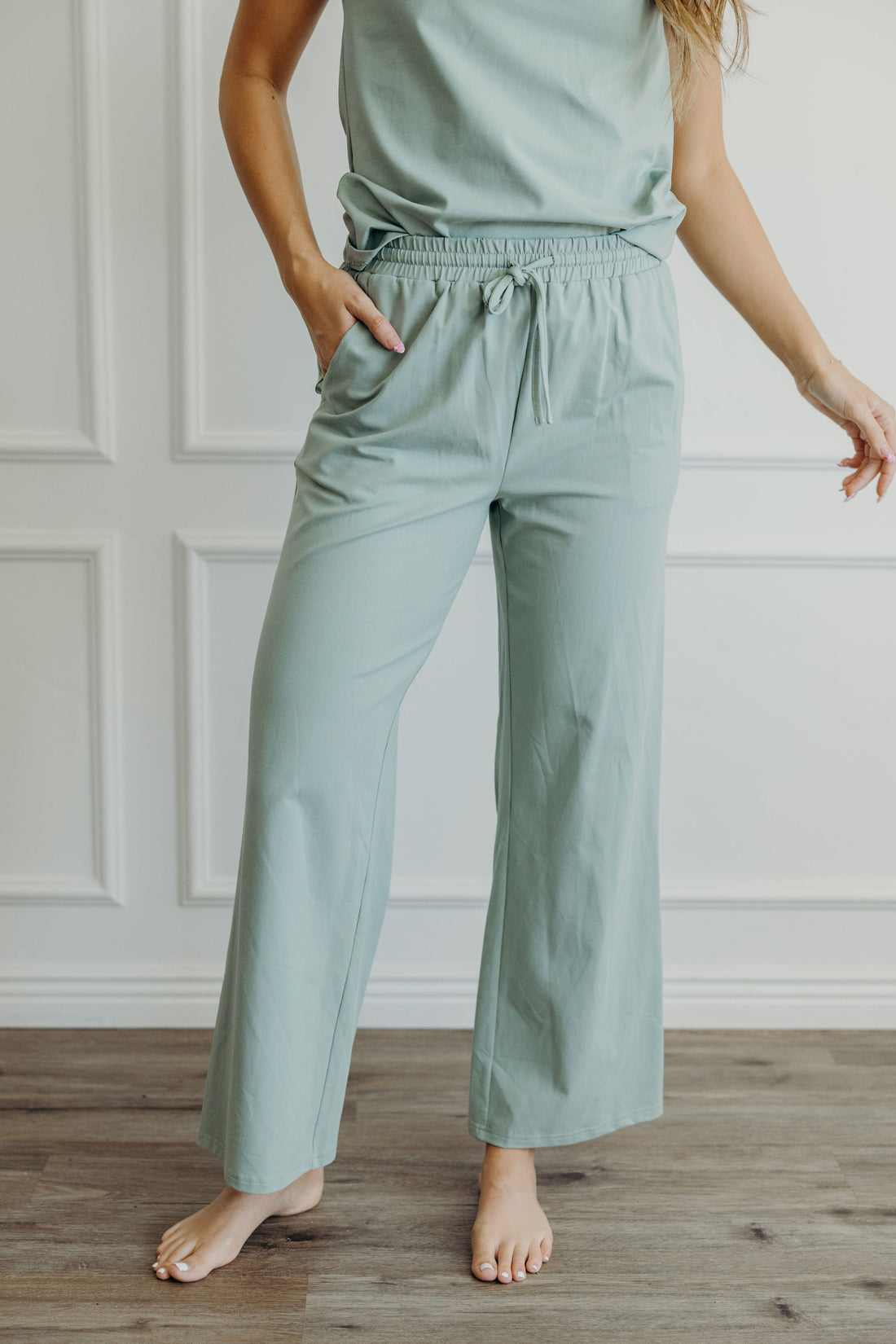 WIDE LEG LOUNGE PANTS IN MILKY GREEN FINAL SALE