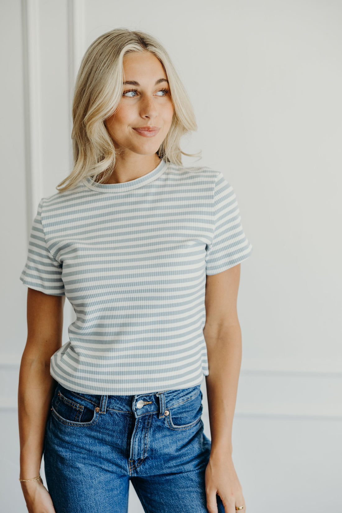STRIPED RIBBED TEE IN BLUEBELL