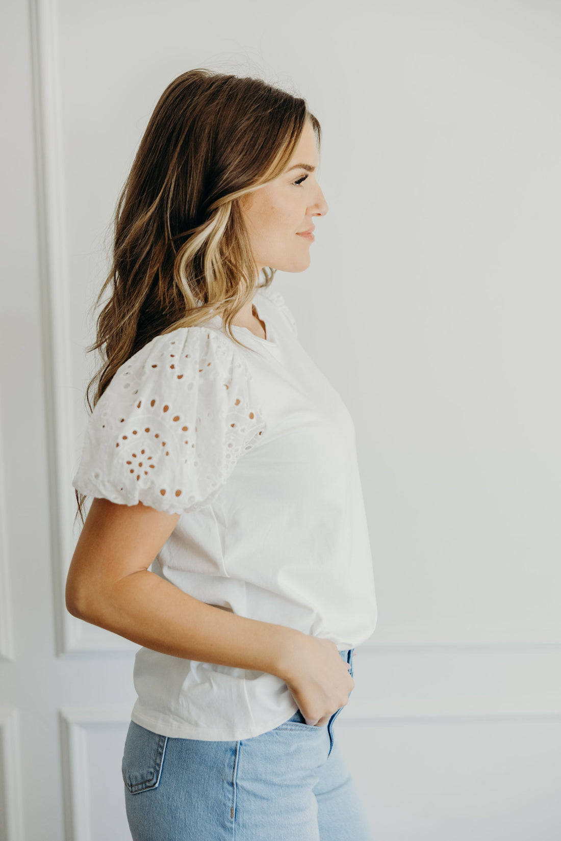 EYELET PUFF SLEEVE TOP IN WHITE