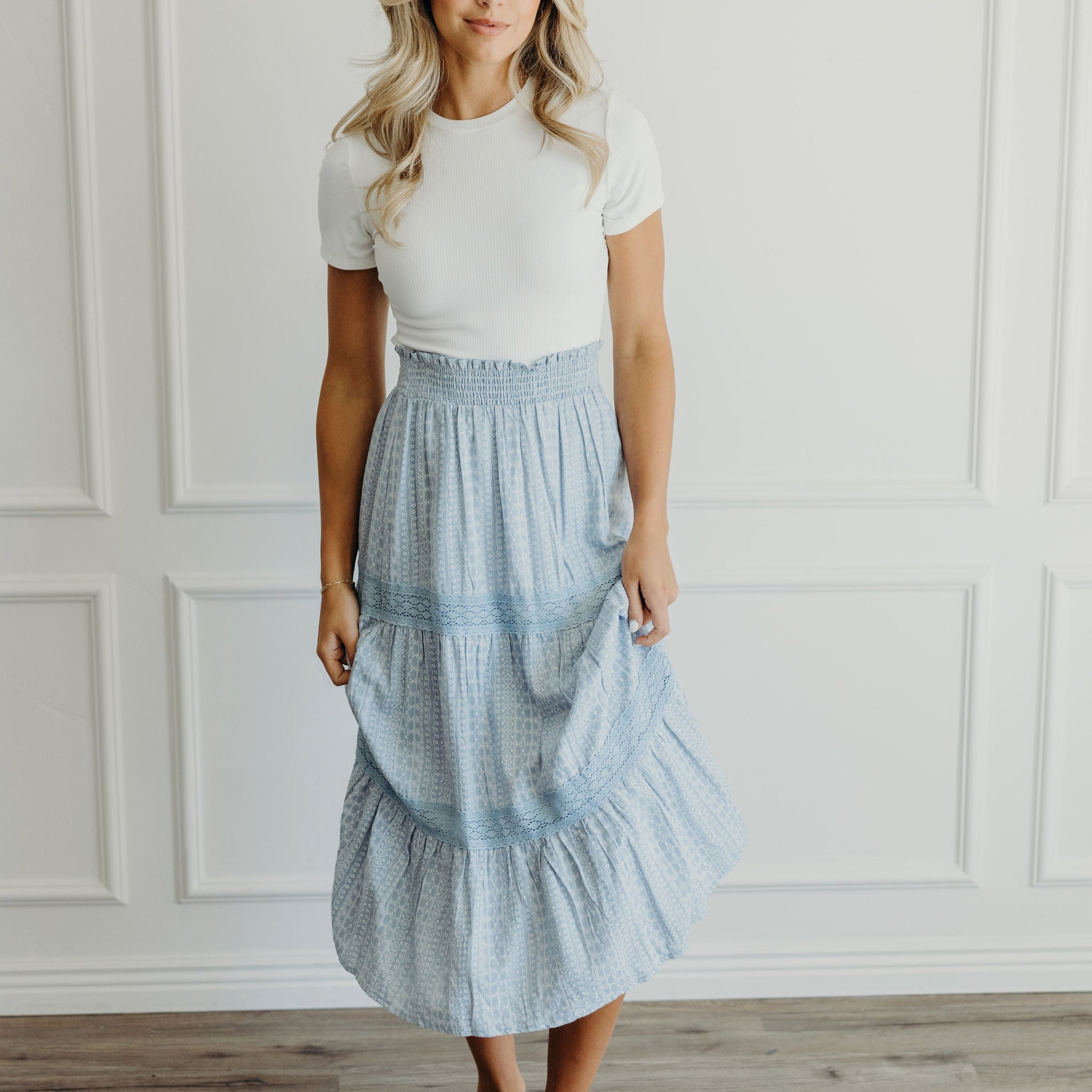 RUCHED WAIST SKIRT IN HORIZON HAZE
