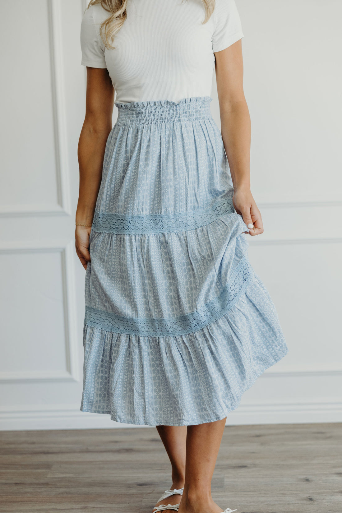 RUCHED WAIST SKIRT IN HORIZON HAZE