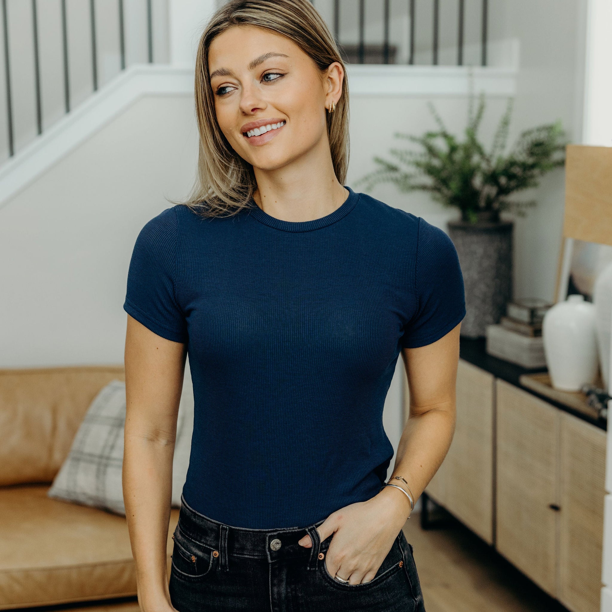 SHORT SLEEVE RIBBED TEE IN SAILOR BLUE