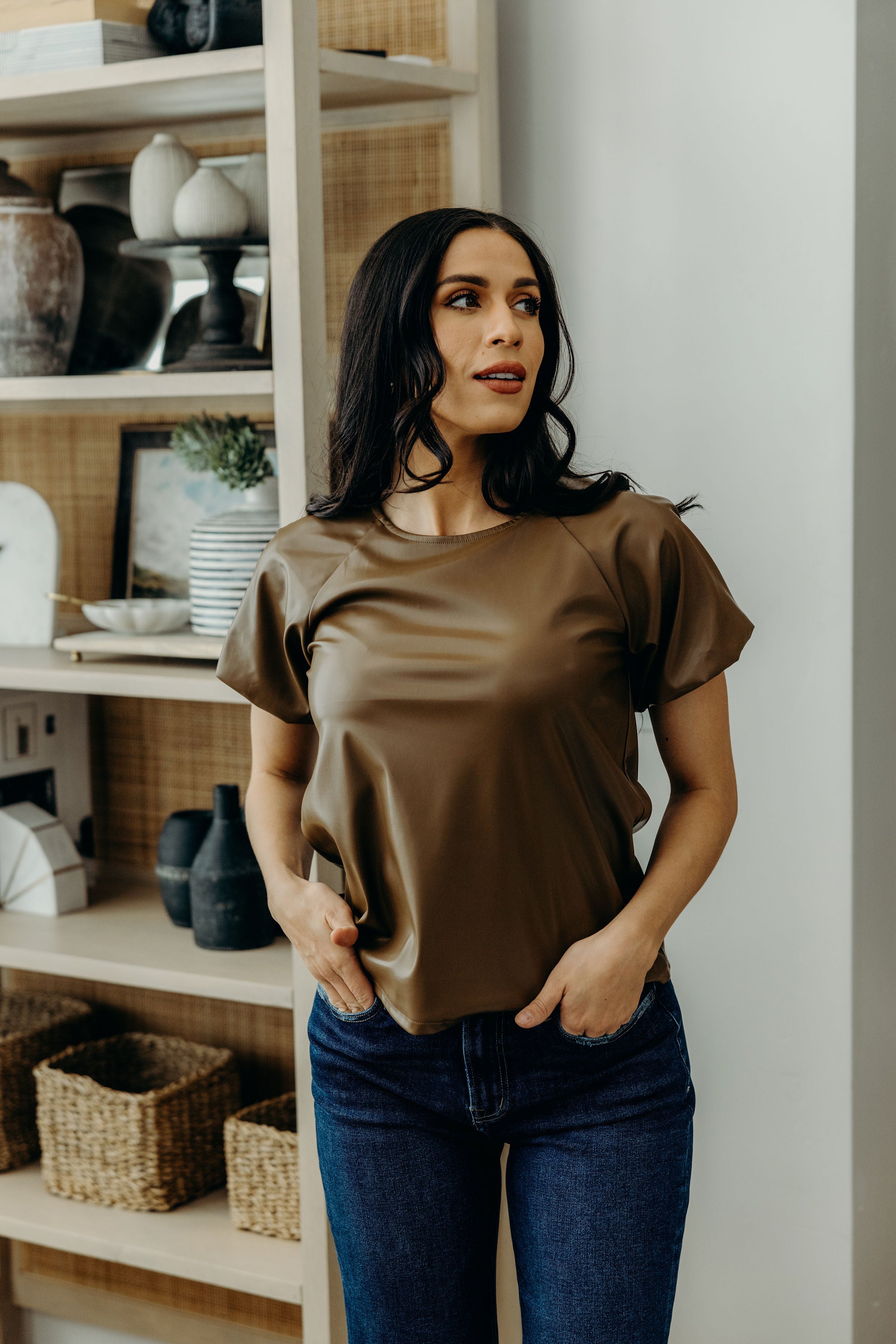 FAUX LEATHER TOP IN CARAMEL