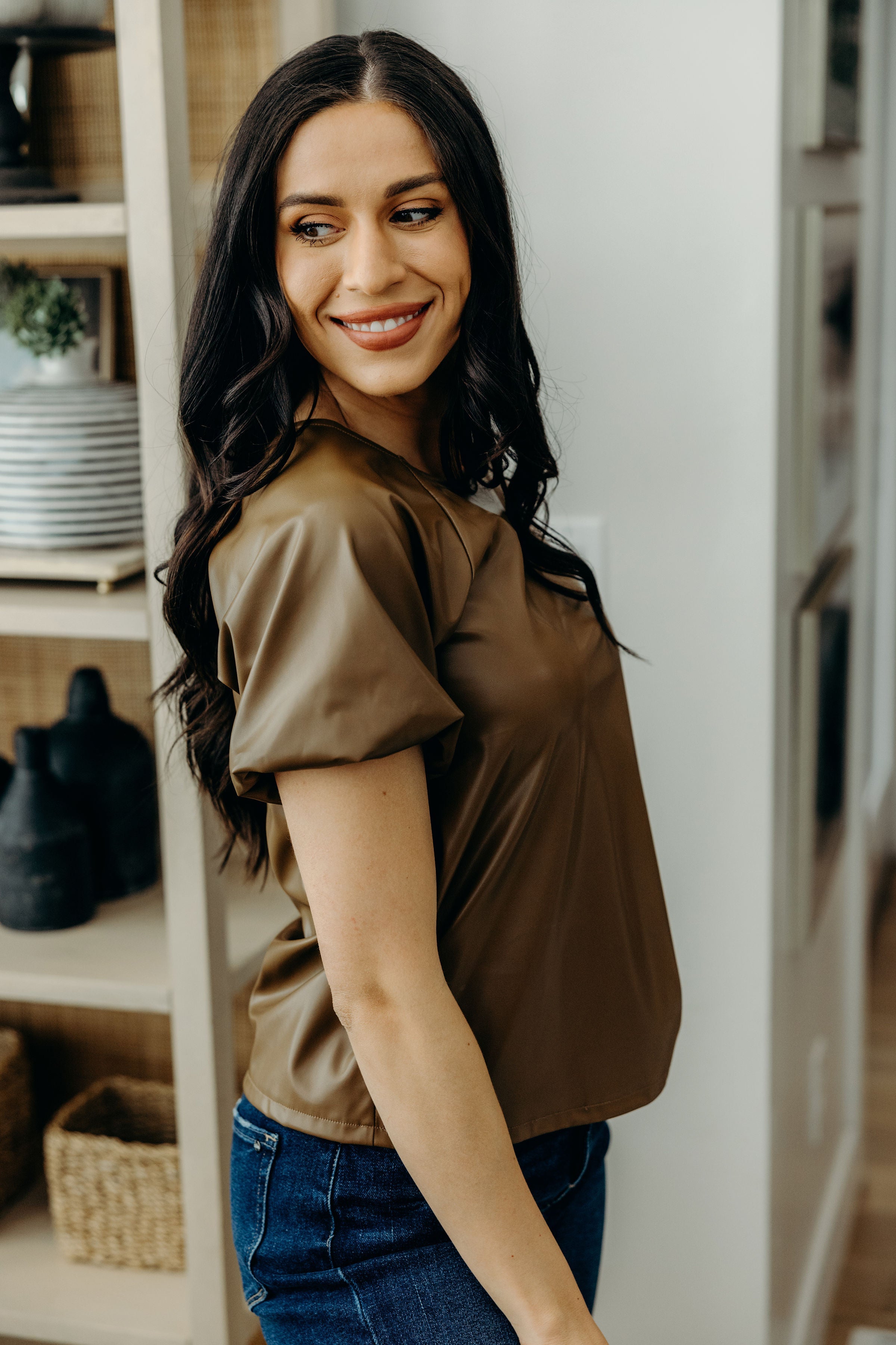 FAUX LEATHER TOP IN CARAMEL