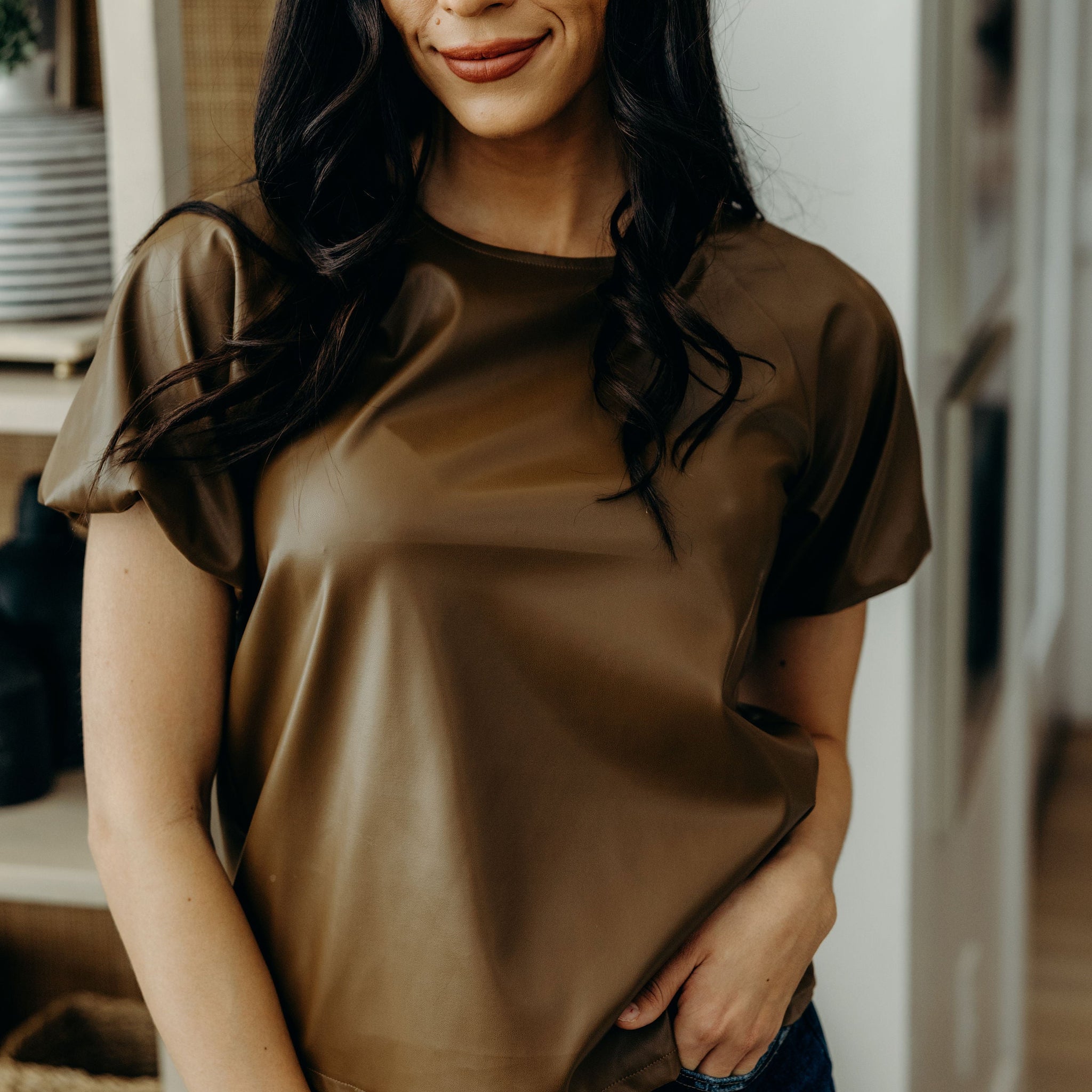FAUX LEATHER TOP IN CARAMEL