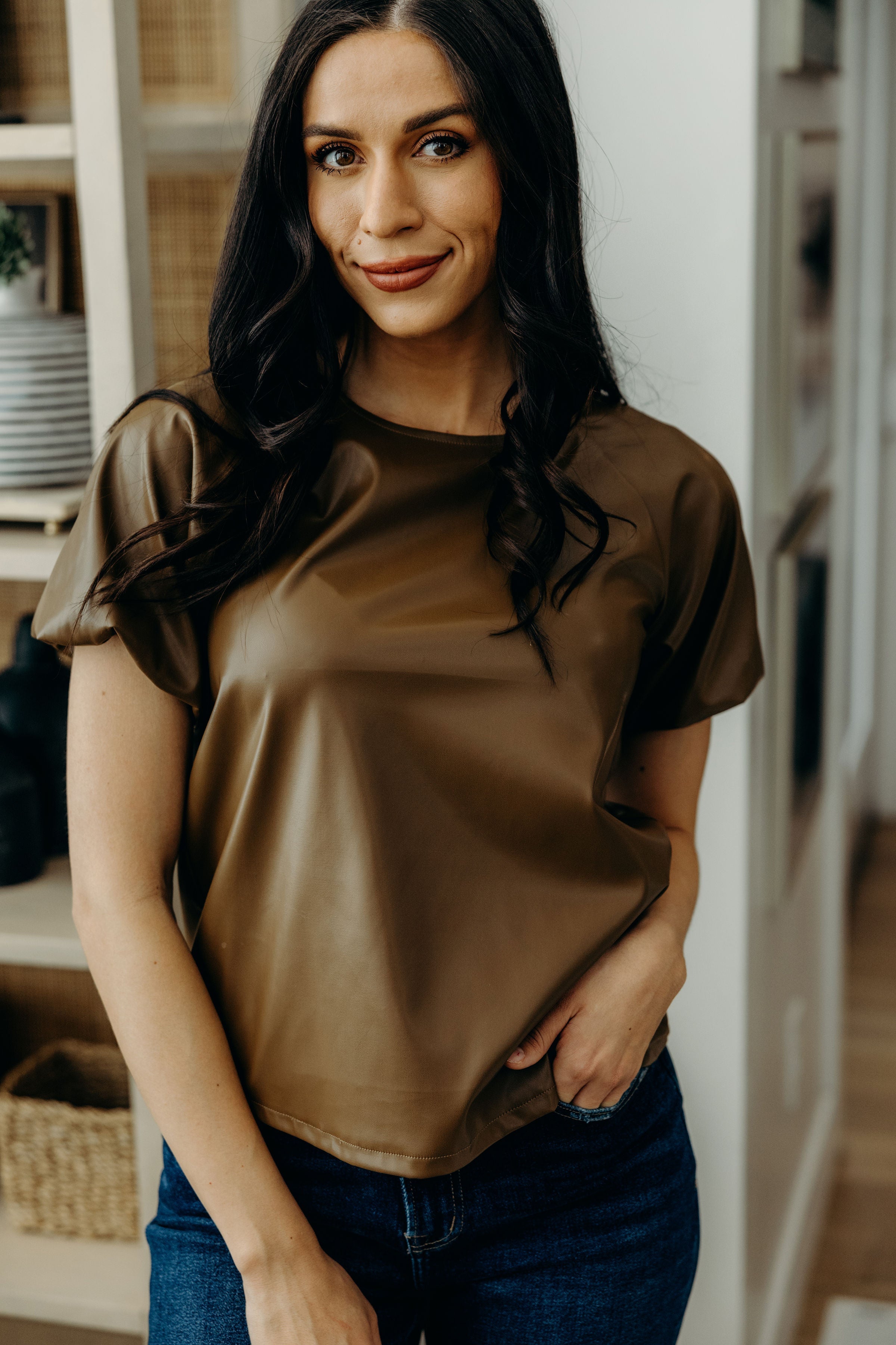 FAUX LEATHER TOP IN CARAMEL