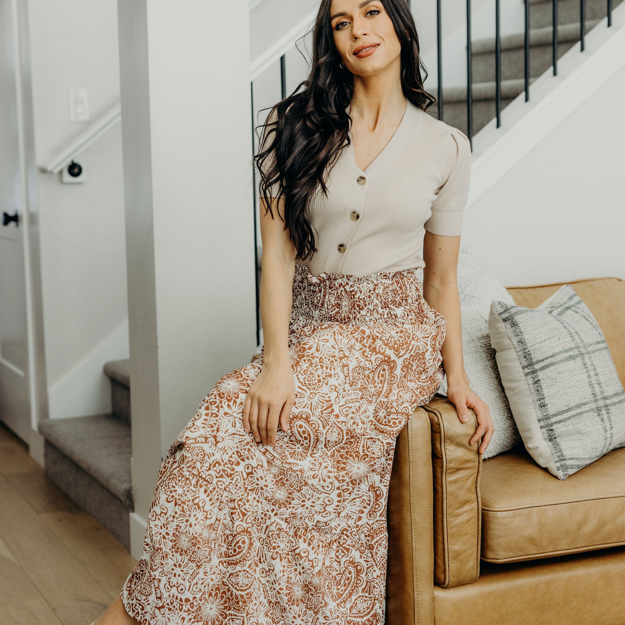 SMOCKED WAIST MAXI IN COPPER CREST