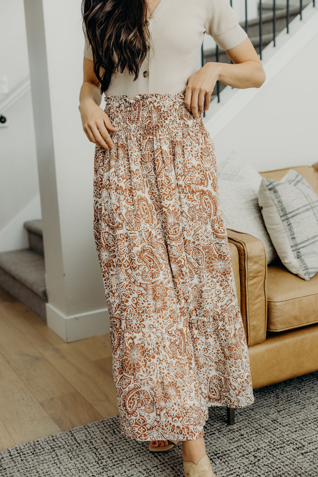 SMOCKED WAIST MAXI IN COPPER CREST