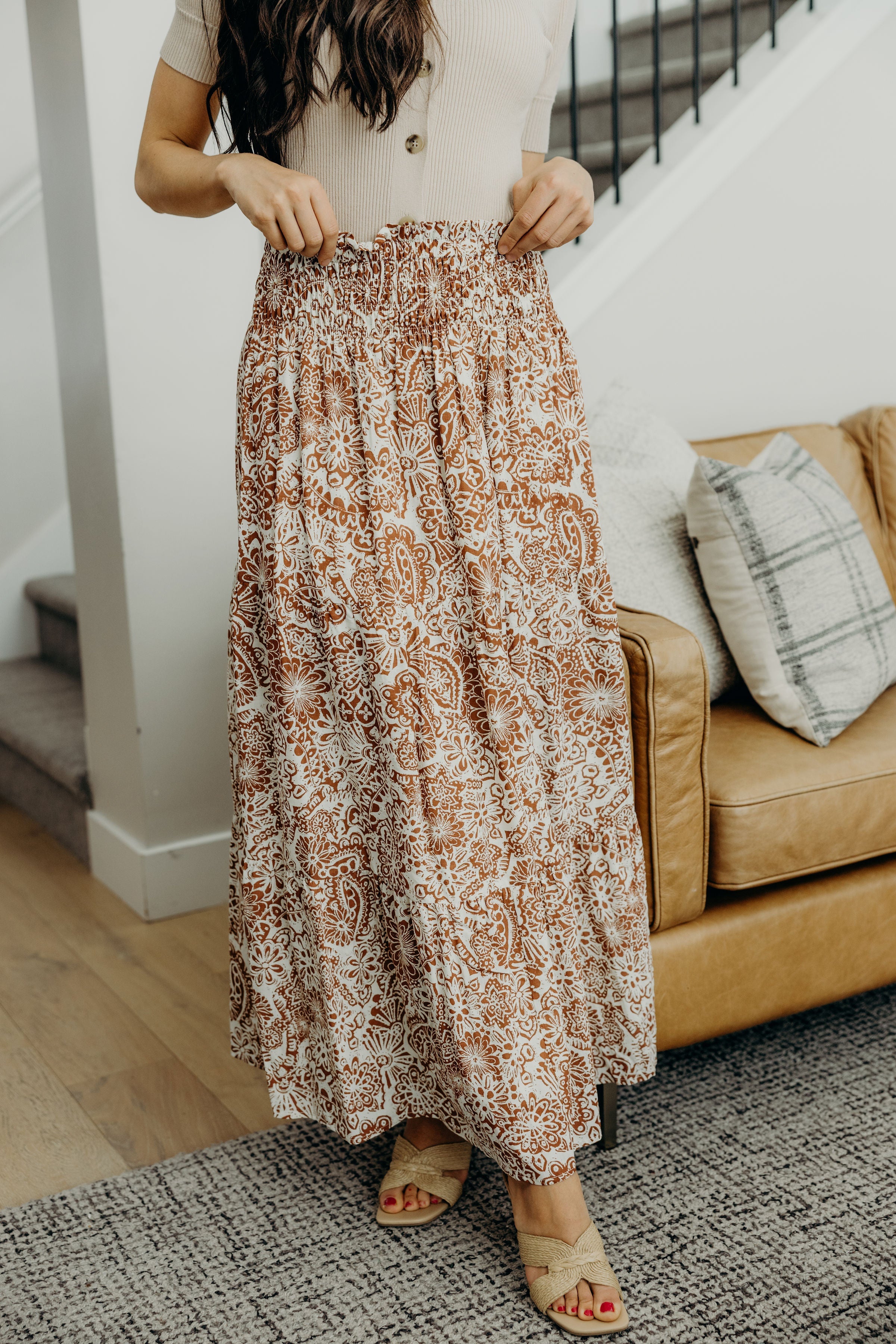 SMOCKED WAIST MAXI IN COPPER CREST