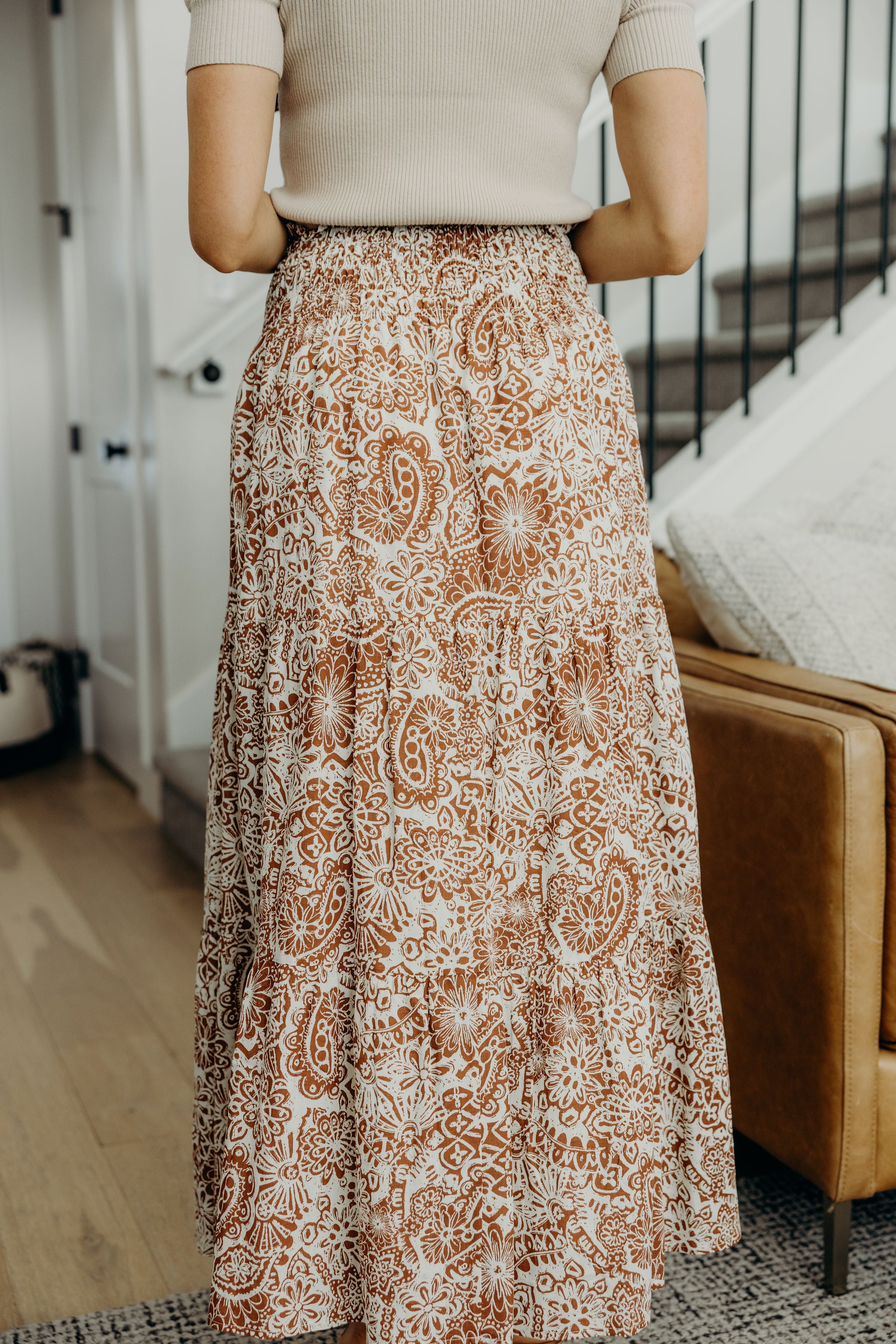 SMOCKED WAIST MAXI IN COPPER CREST