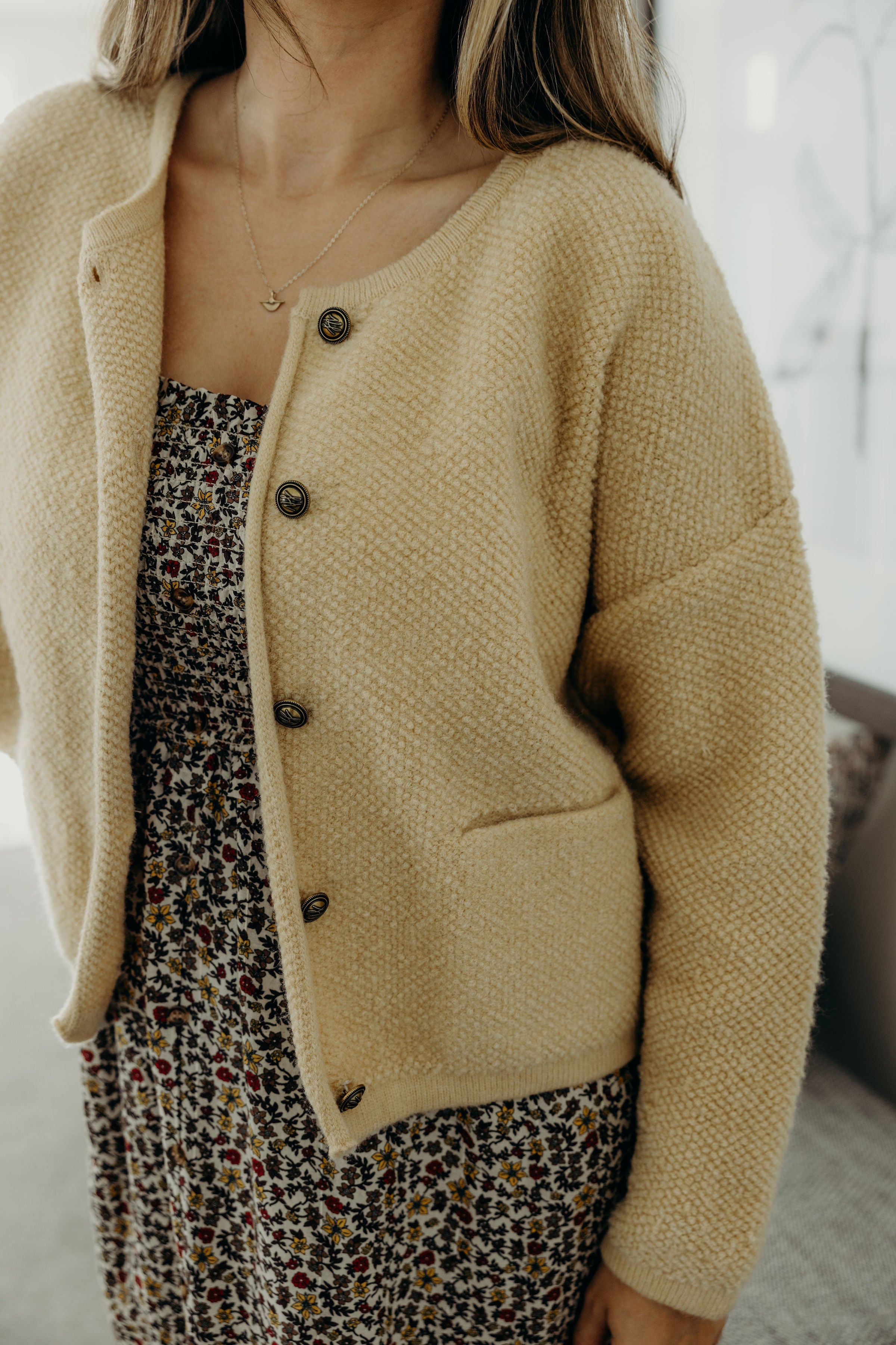 BUTTON FRONT CARDI IN CORNSILK