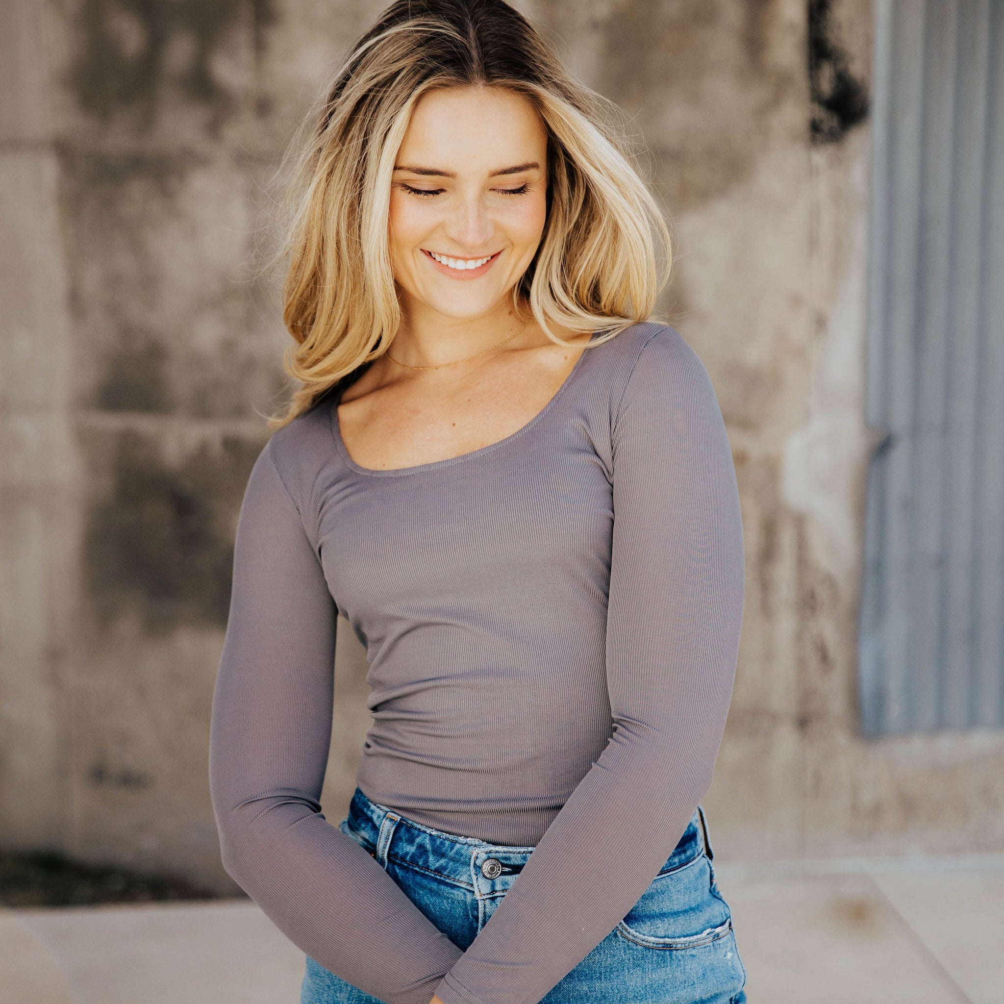 RIBBED LONG SLEEVE BODYSUIT IN CLOUDBURST FINAL SALE
