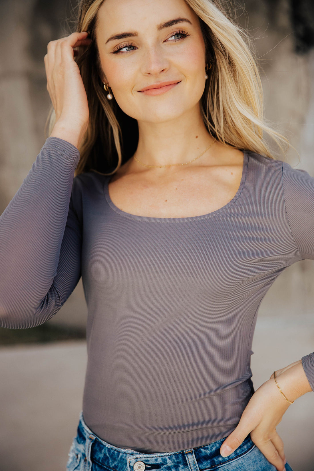 RIBBED LONG SLEEVE BODYSUIT IN CLOUDBURST FINAL SALE