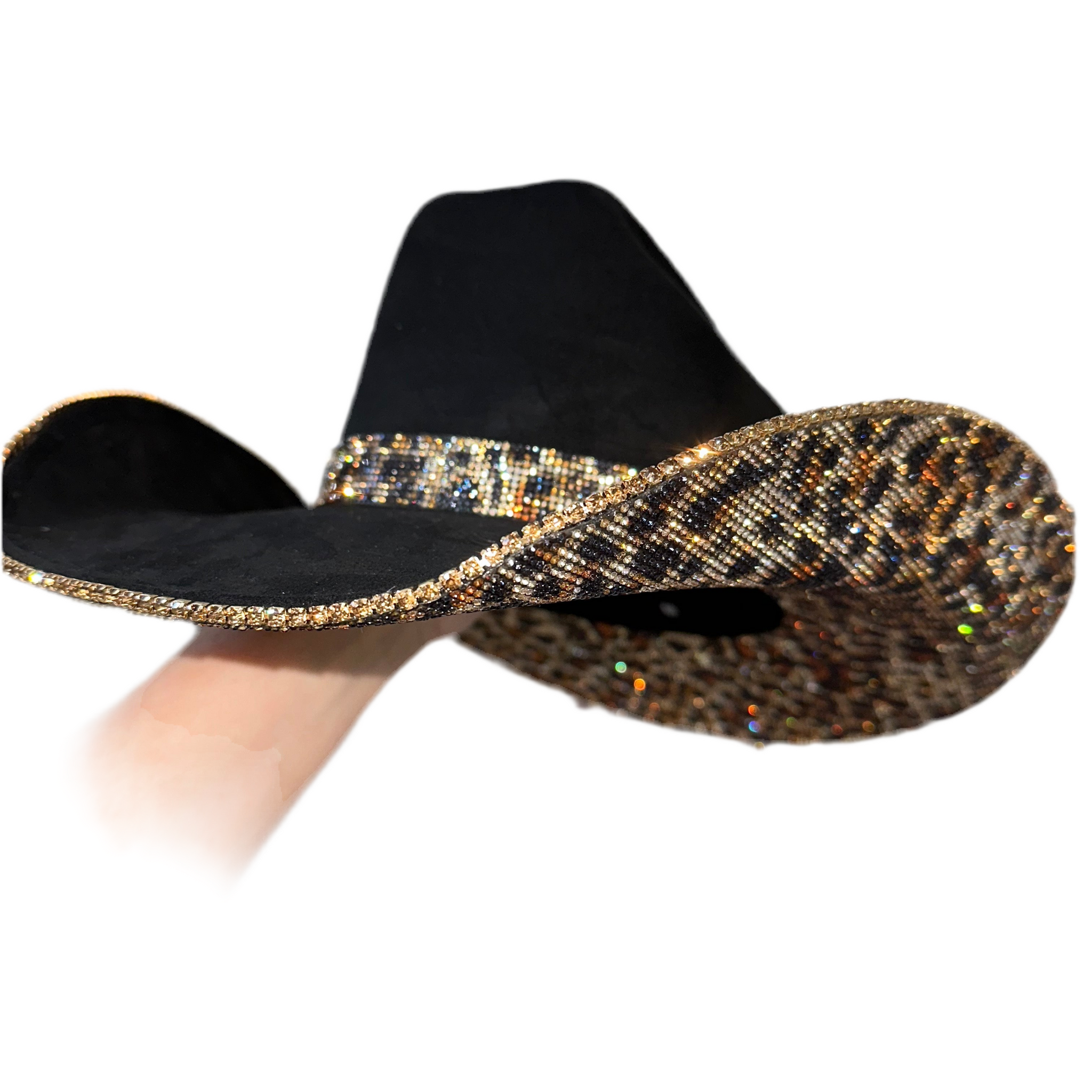 Black Suede Cowgirl Hat with Brown Leopard Rhinestones